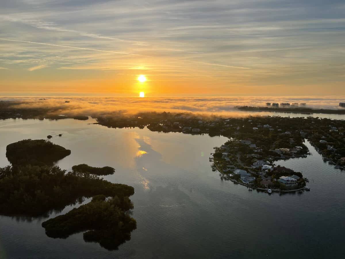 Aerial view of the island from the top during sunset